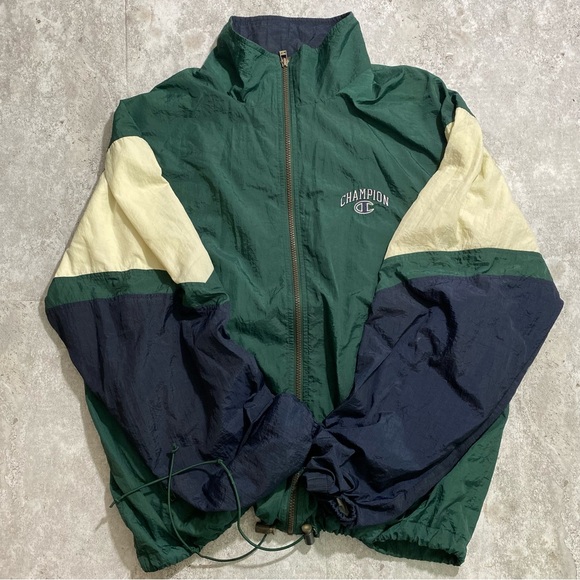 Vintage Champion Windbreaker Y2K Streetwear Colorblock Green Off White Navy L - Picture 8 of 11